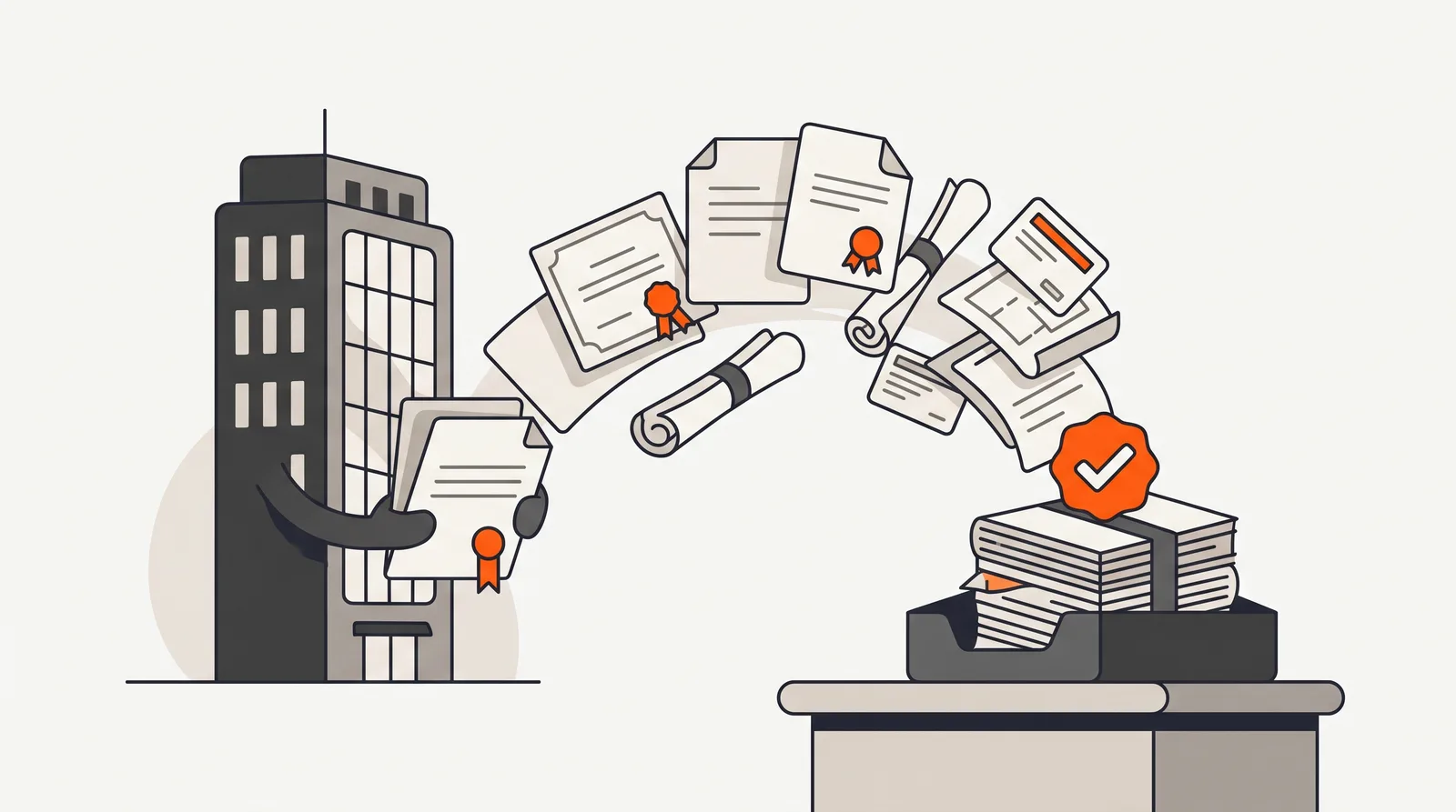 Building handover documentation flowing from a completed building into one approved package