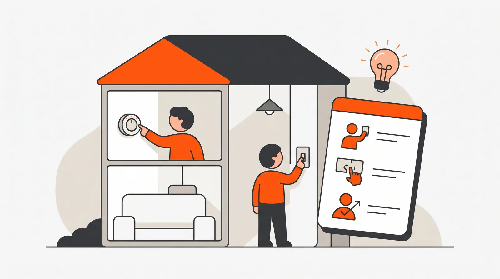 Building occupants using thermostat and lighting controls beside a pictogram user guide