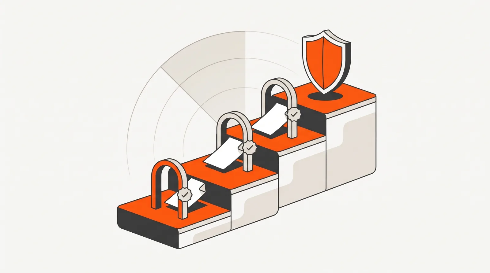 Flat vector illustration of the four-tier Defence approval workflow — a document ascending four review tiers, passing an approval seal at each gate, reaching a shield emblem at final acceptance