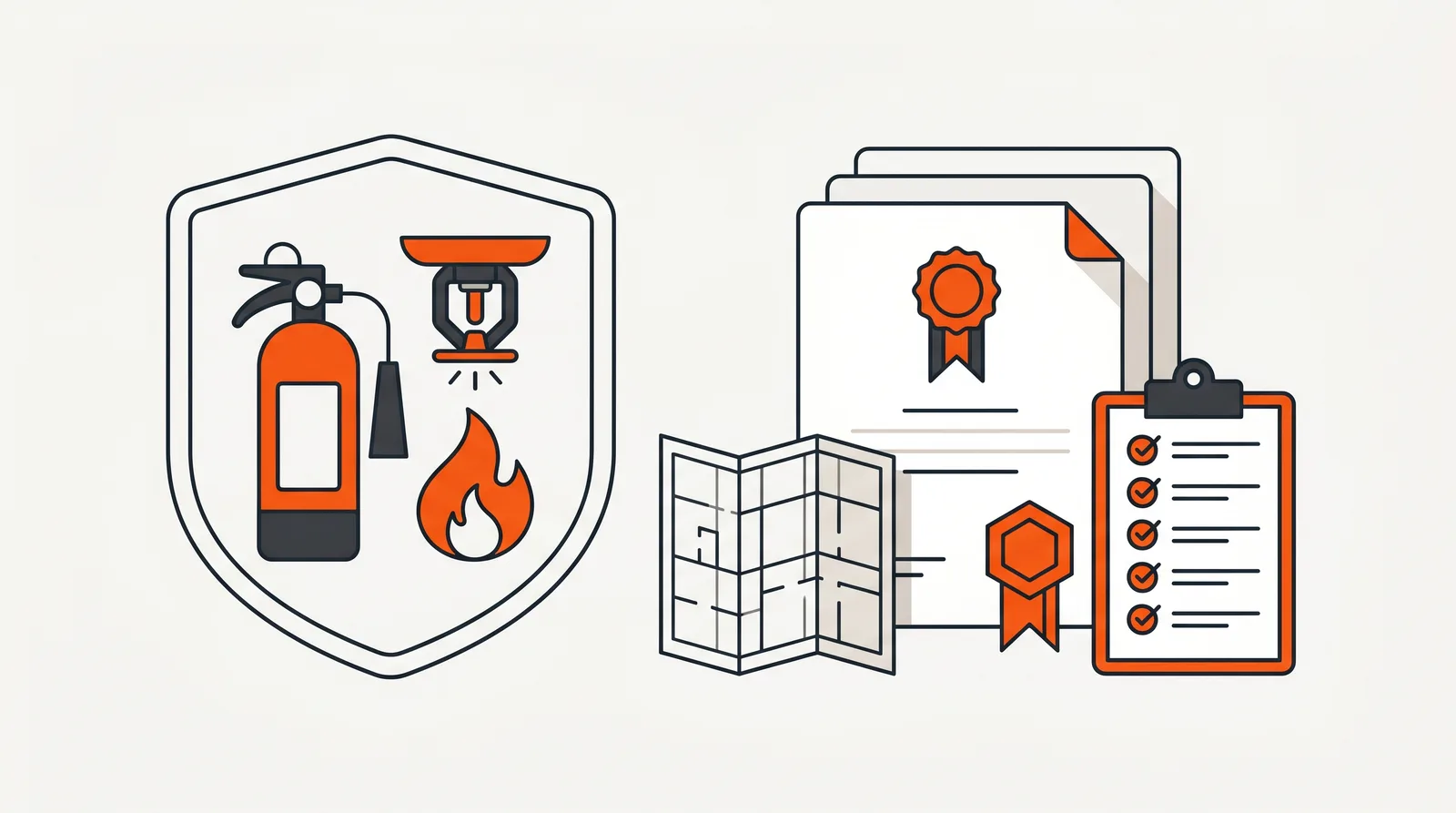 Fire safety manual documentation, fire systems in a shield beside certificates and a servicing checklist