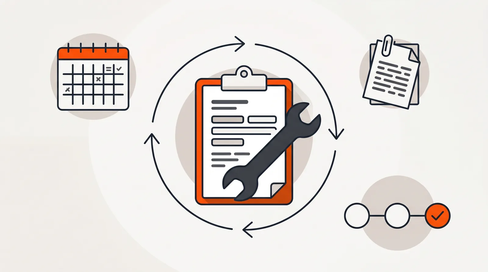 Maintenance work order with wrench in a recurring cycle beside calendar and progress track