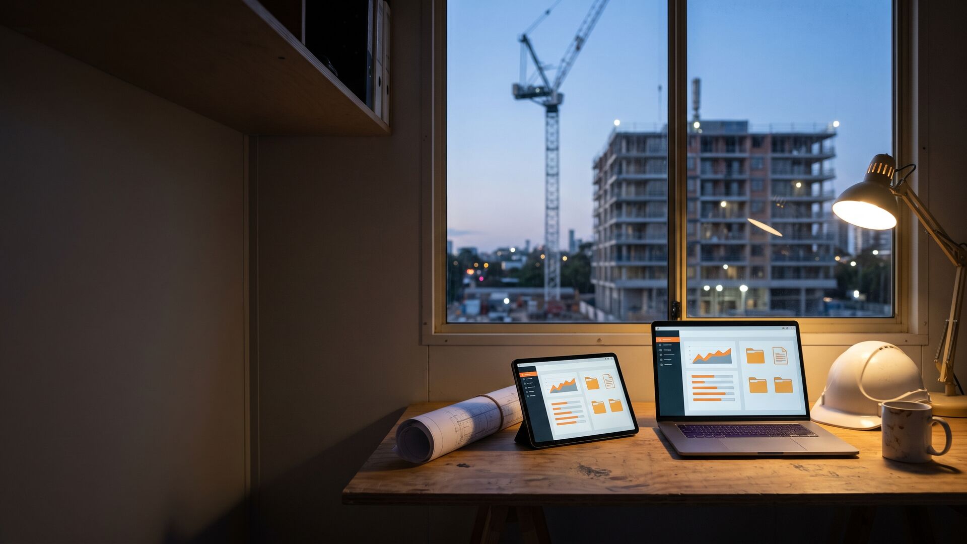 Construction handover software open on a laptop and tablet in a site office, tower crane outside at dusk