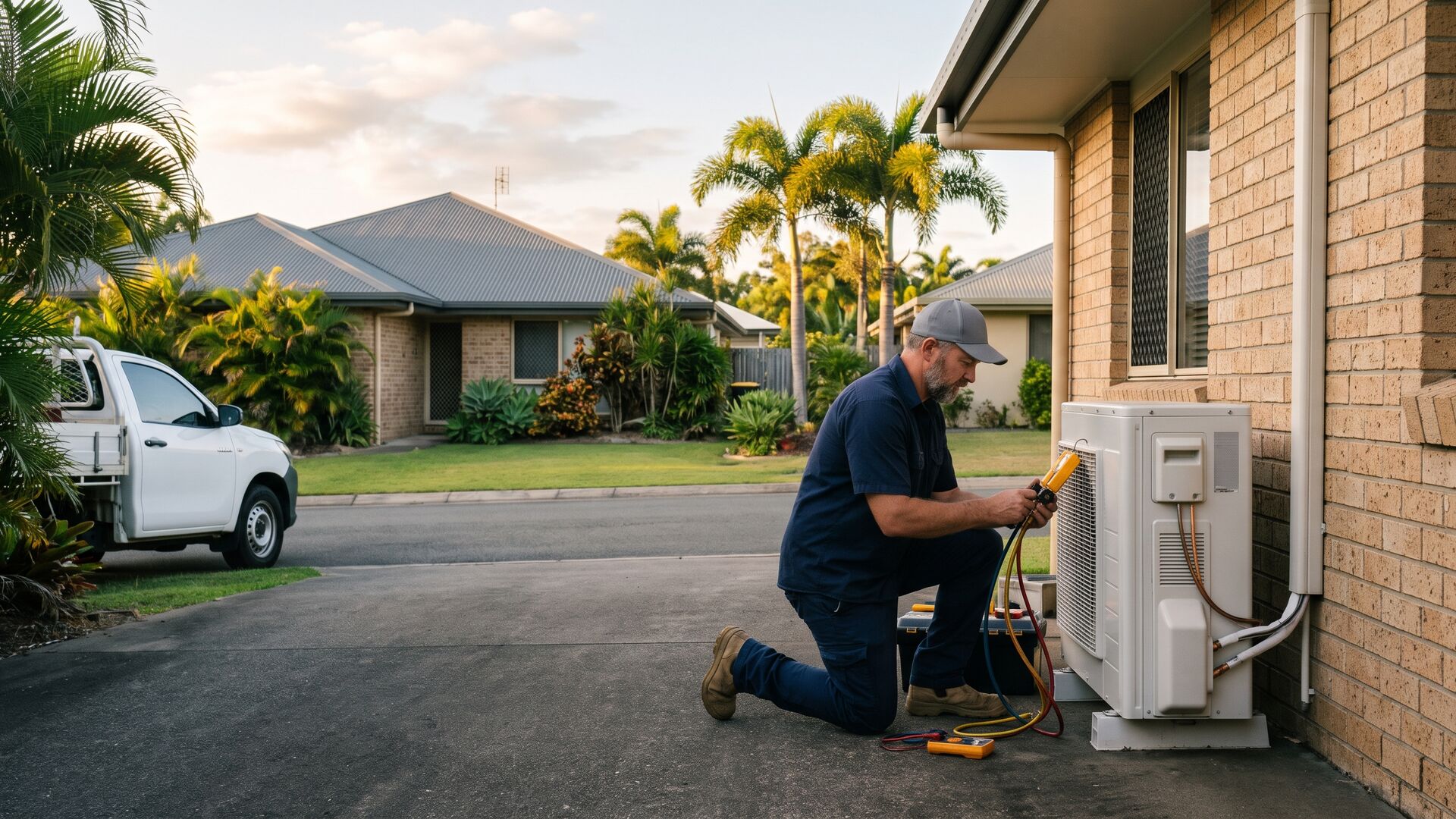 Maintenance technician servicing an air-conditioning unit at a family home in a North Queensland housing estate