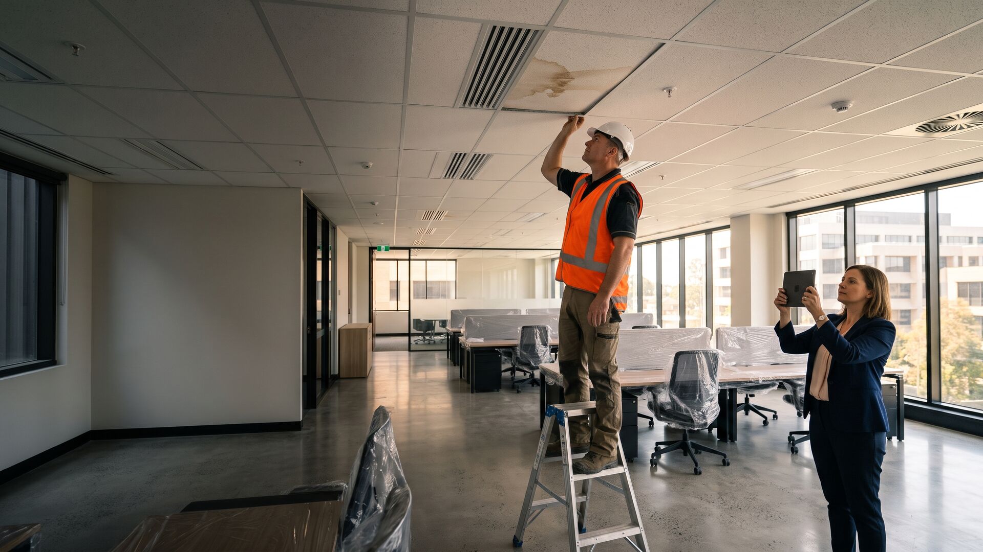 Contractor inspecting a water-stained ceiling tile while the client's representative records the defect during the DLP
