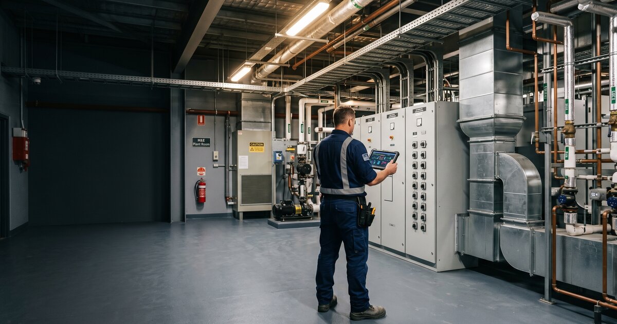 Facility-management technician inspecting a Defence base mechanical plant room
