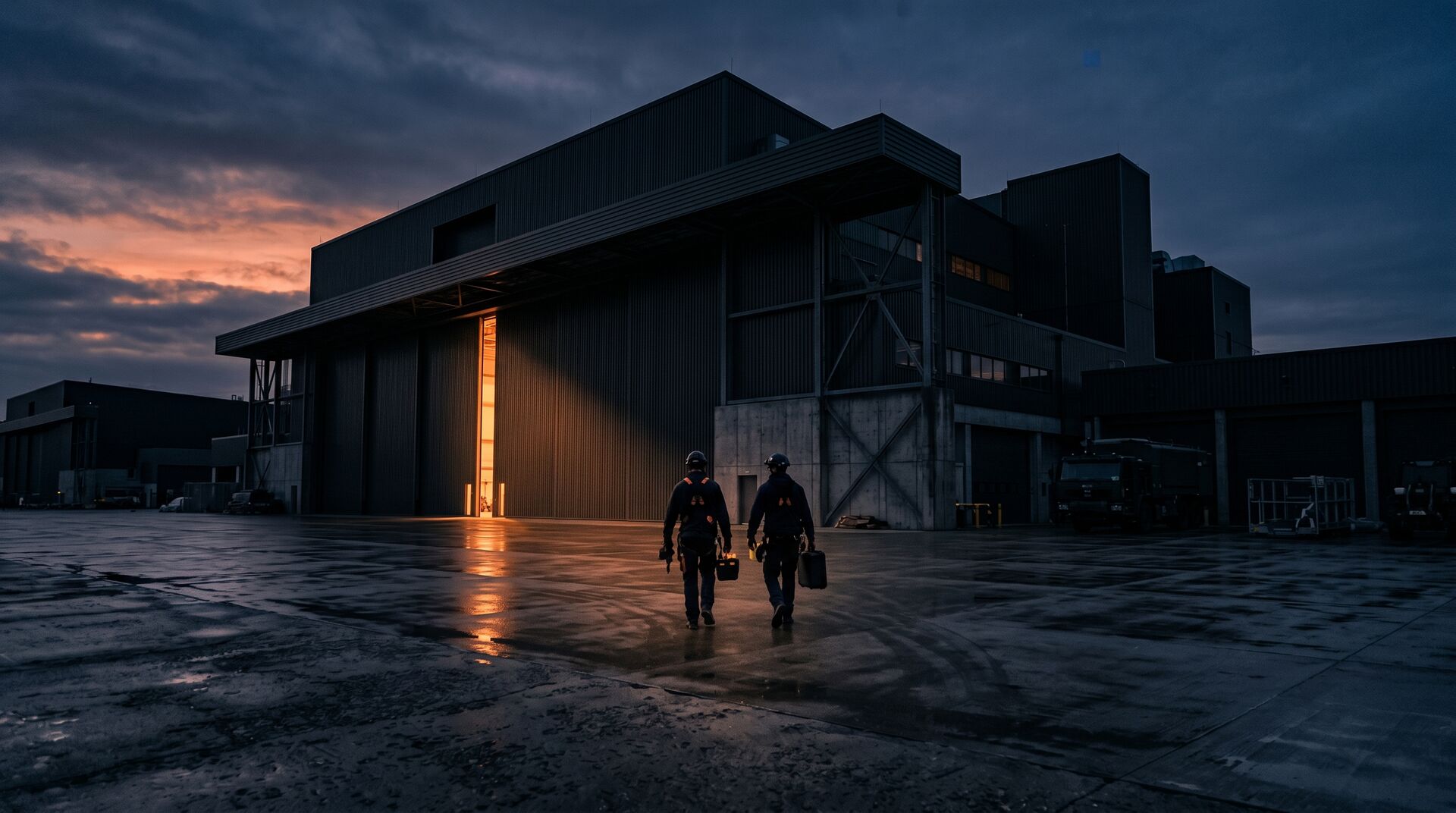 Engineers walking toward a large Defence facility at dusk with warm light spilling from its doors