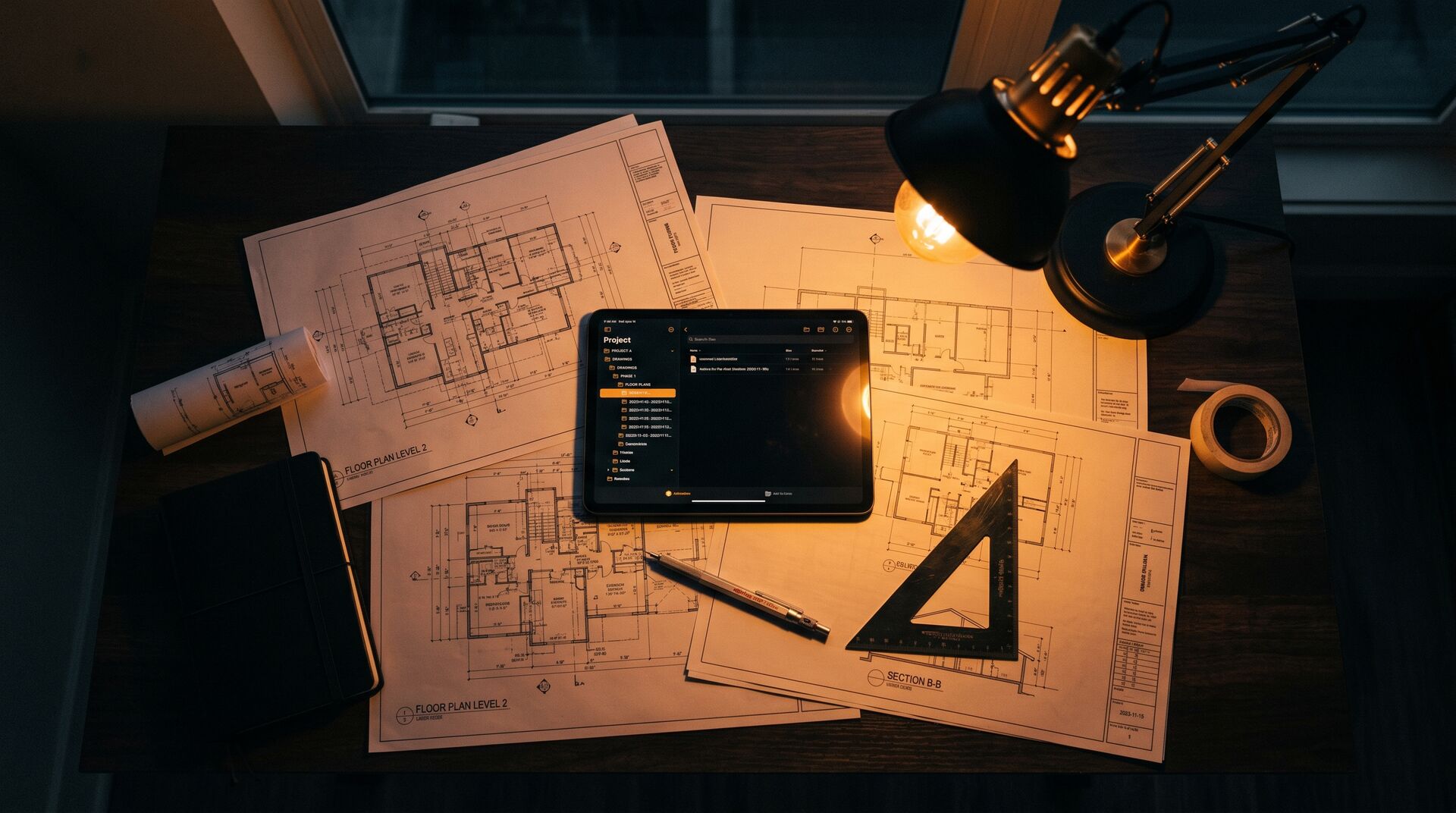 Architectural drawings and a tablet showing structured handover data under a desk lamp
