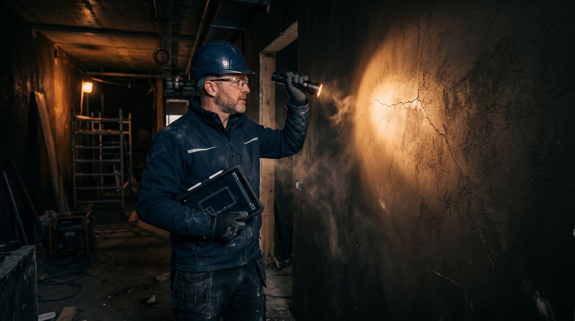 Building inspector examining a wall crack by torchlight during a defect inspection