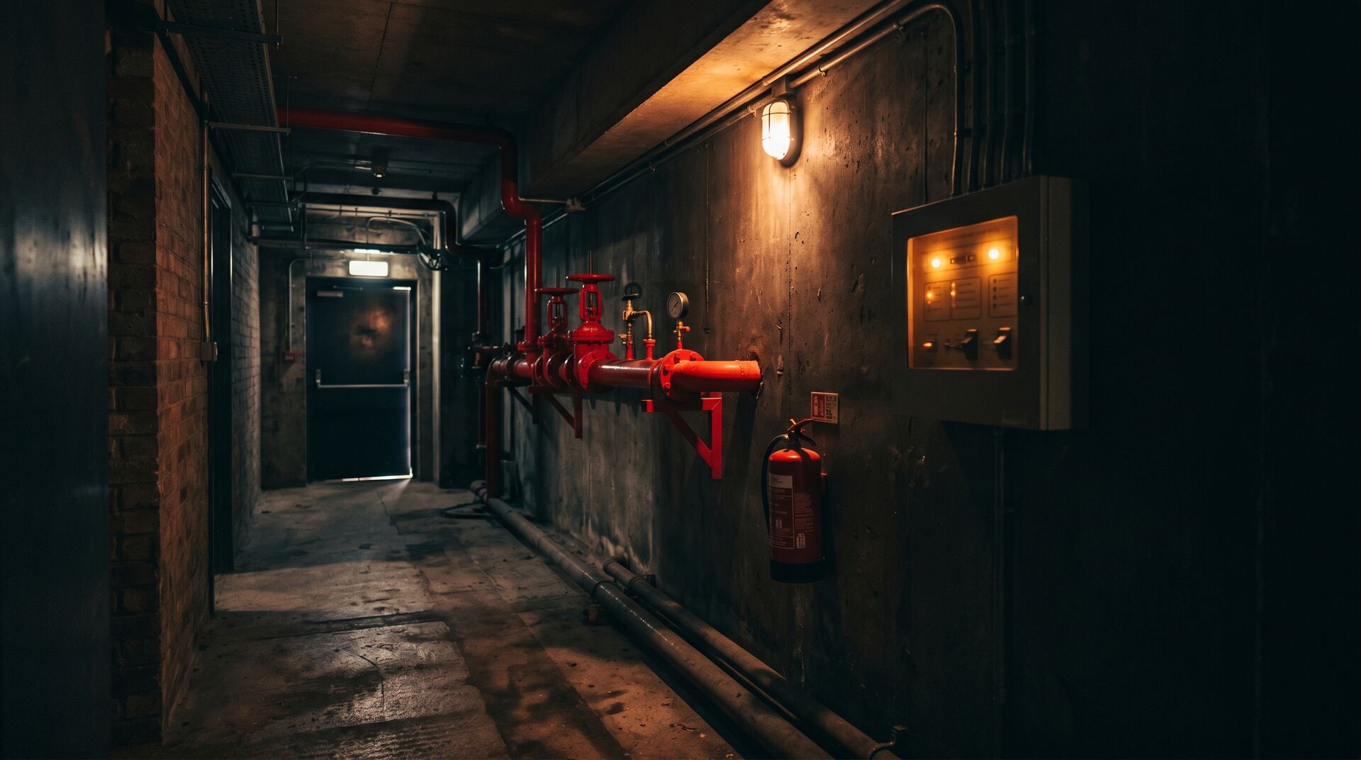 Red fire suppression pipework, extinguisher and indicator panel in a dark building services corridor