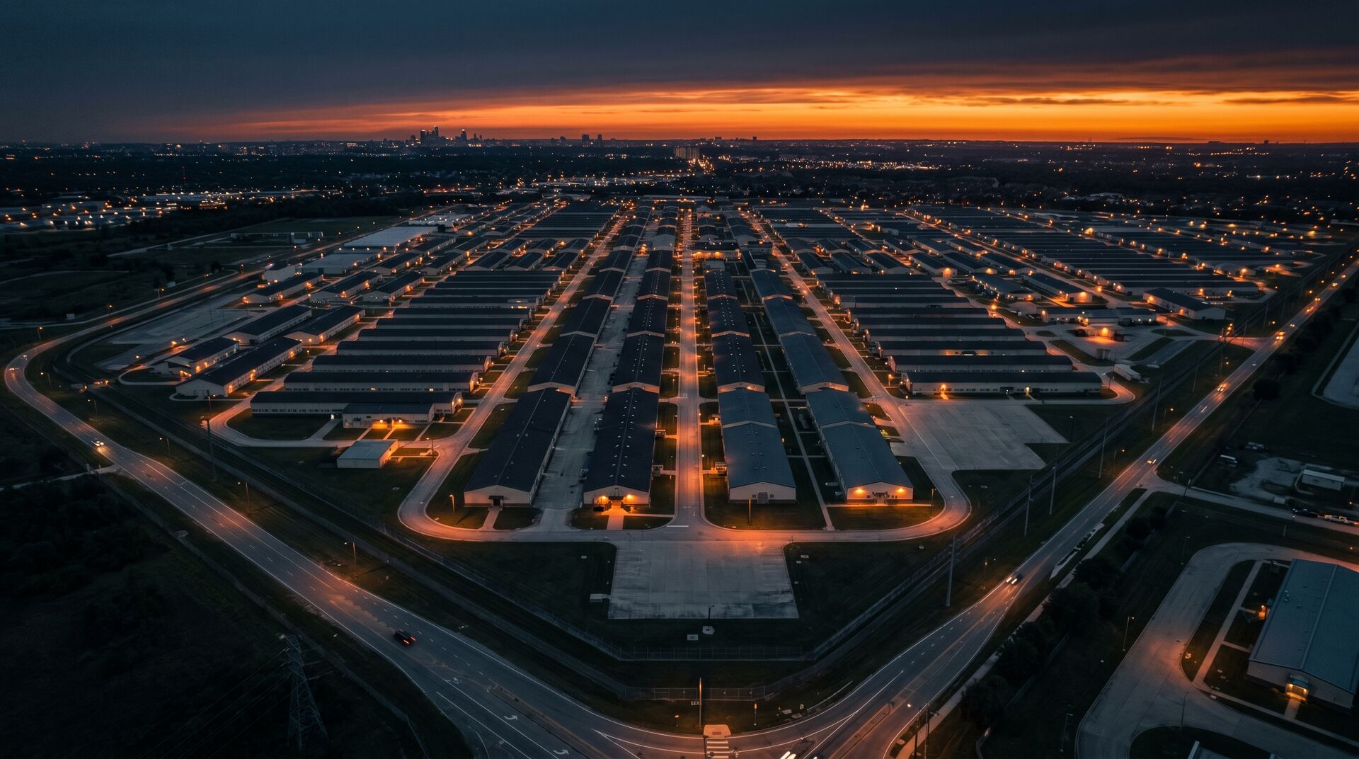 Aerial dusk view over a large government estate with rows of buildings and service roads