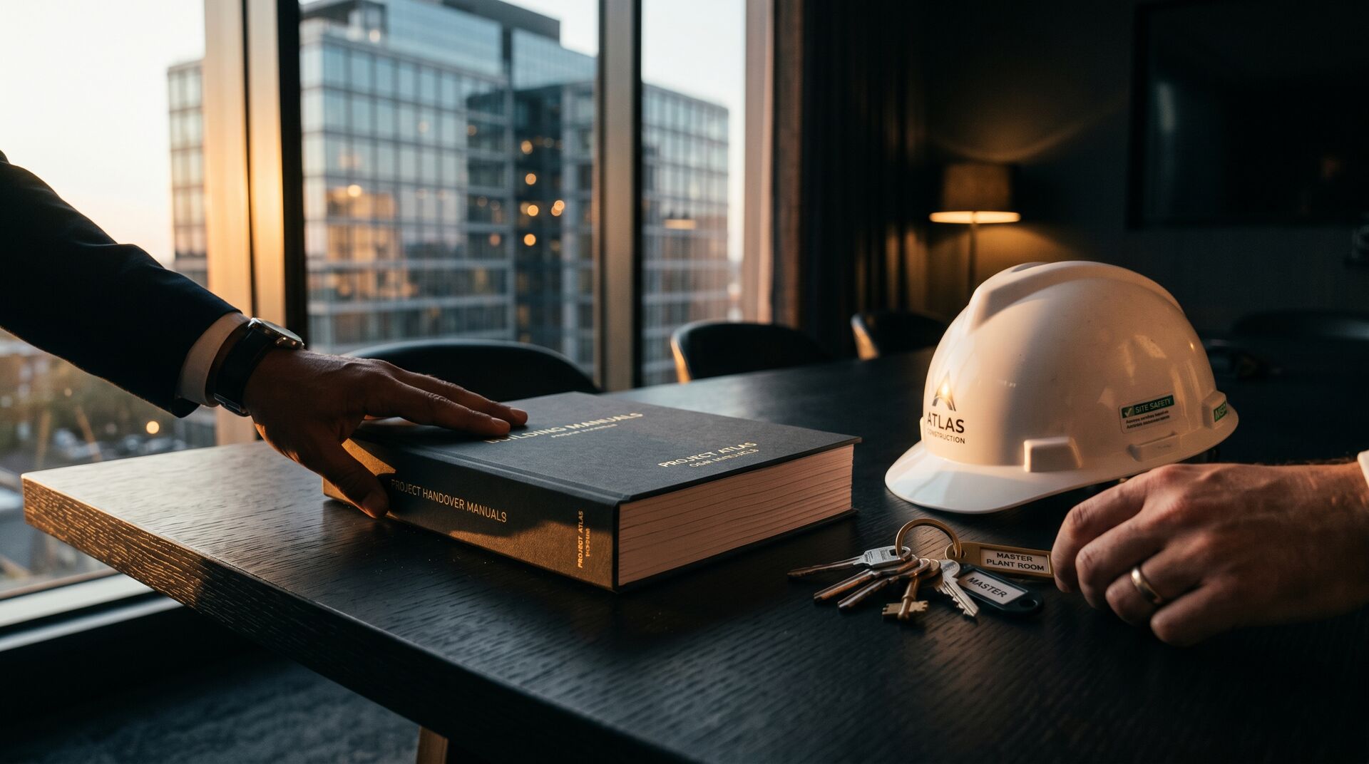 Bound building handover manuals, keys and a hard hat on a boardroom table at golden hour