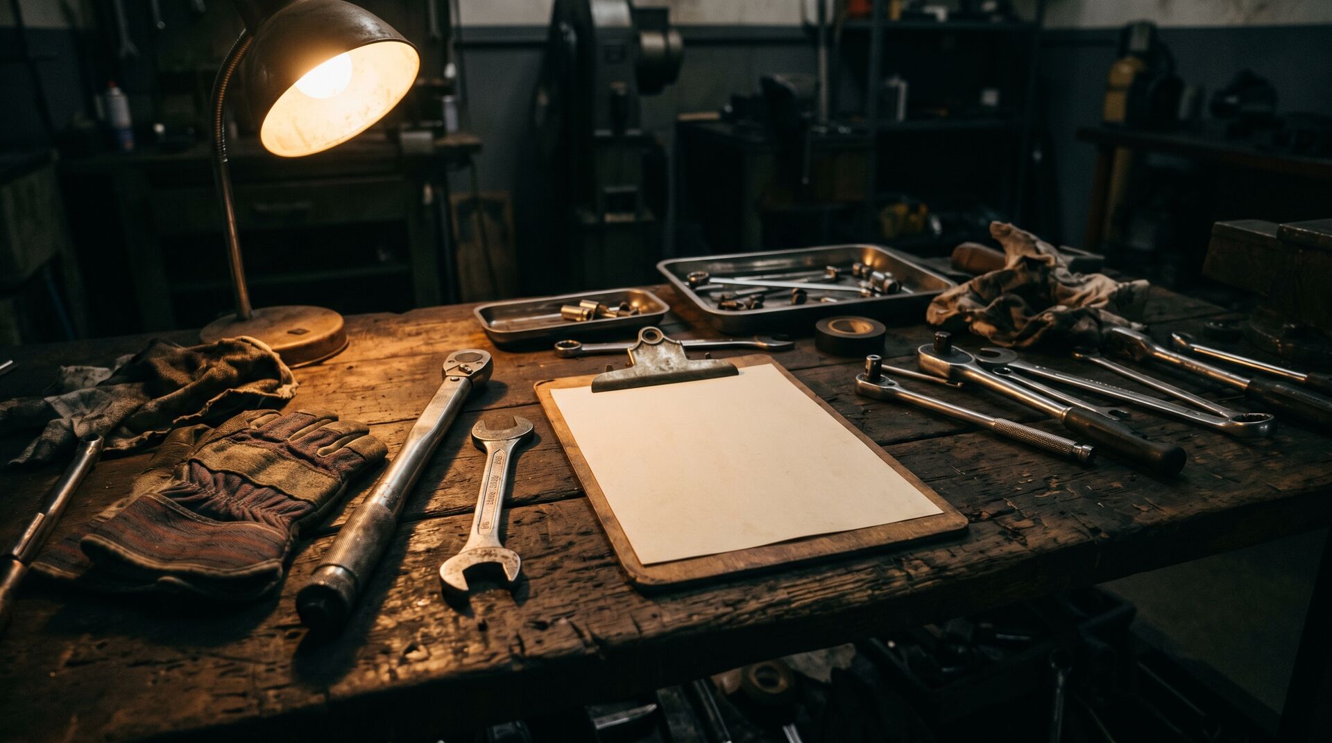 Maintenance workbench with a clipboard work order, torque wrench and tools under a work lamp