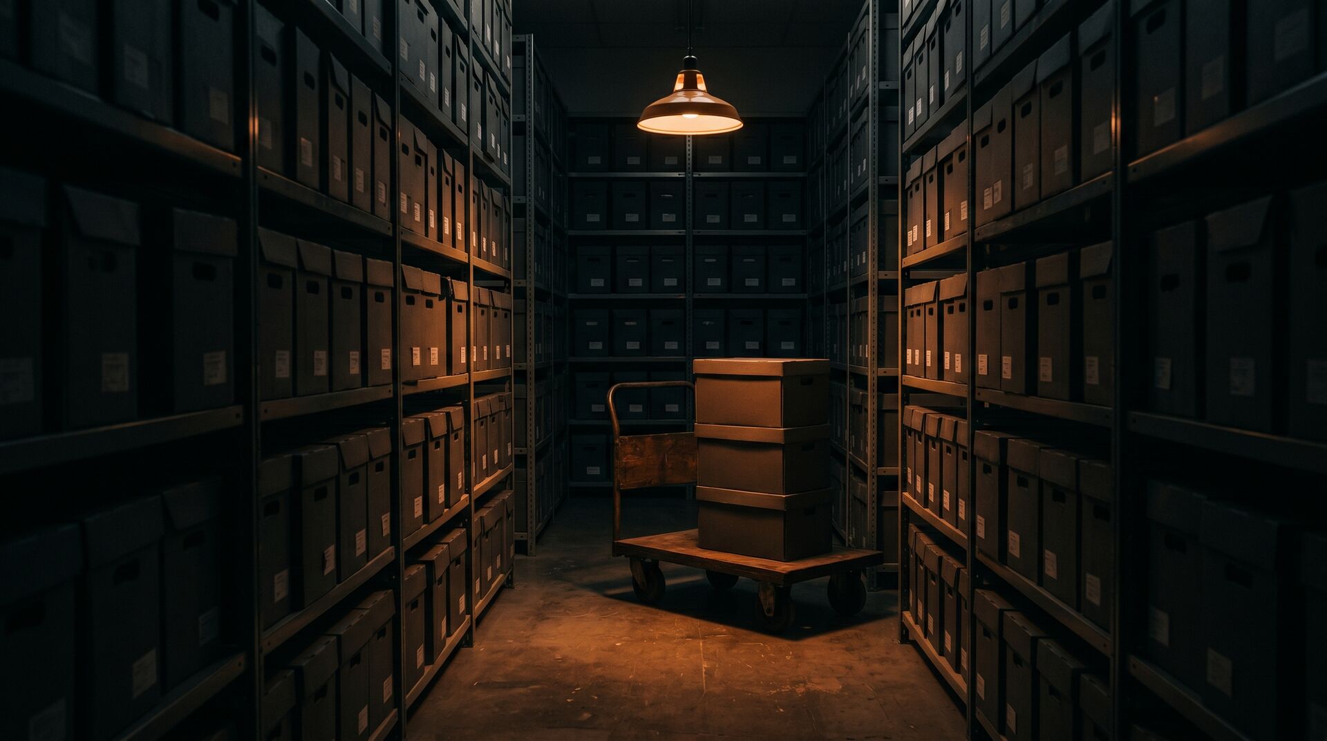 Archive room shelves of document boxes with a trolley holding three volumes under a lamp