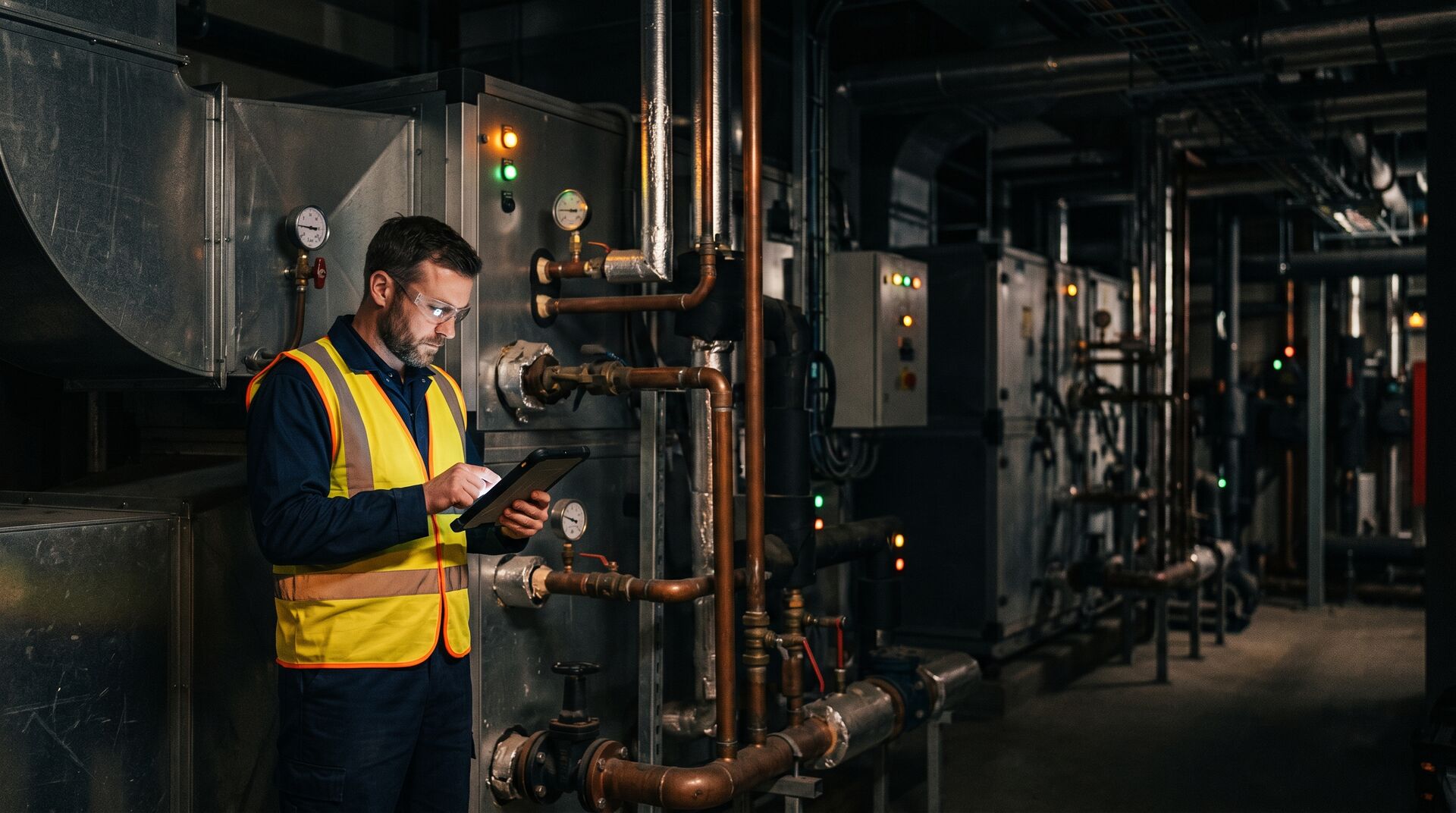 Technician with a tablet beside air-handling plant and copper pipework in a building plant room