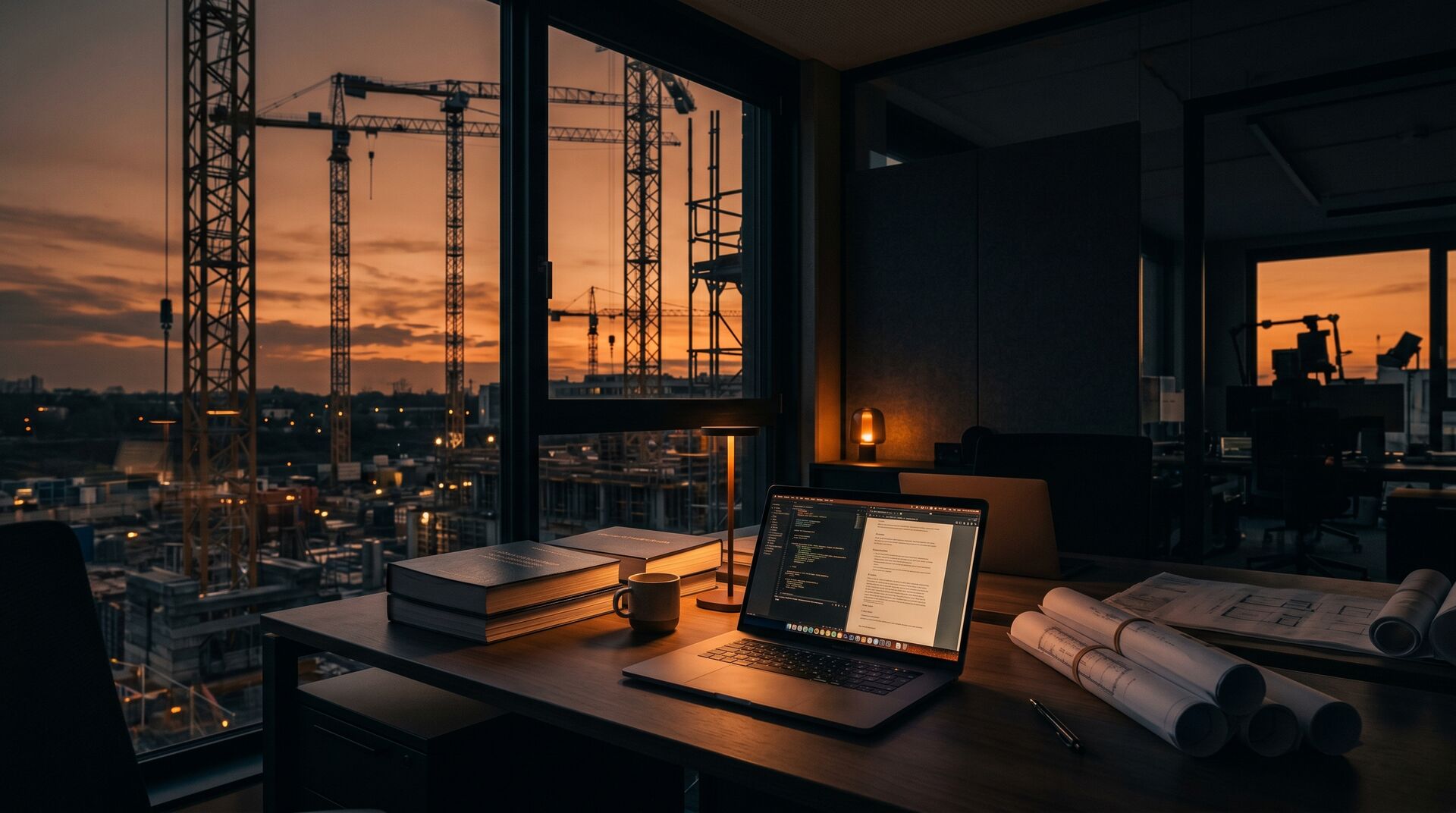 Construction site office at dusk with bound manuals, drawings and tower cranes beyond the window