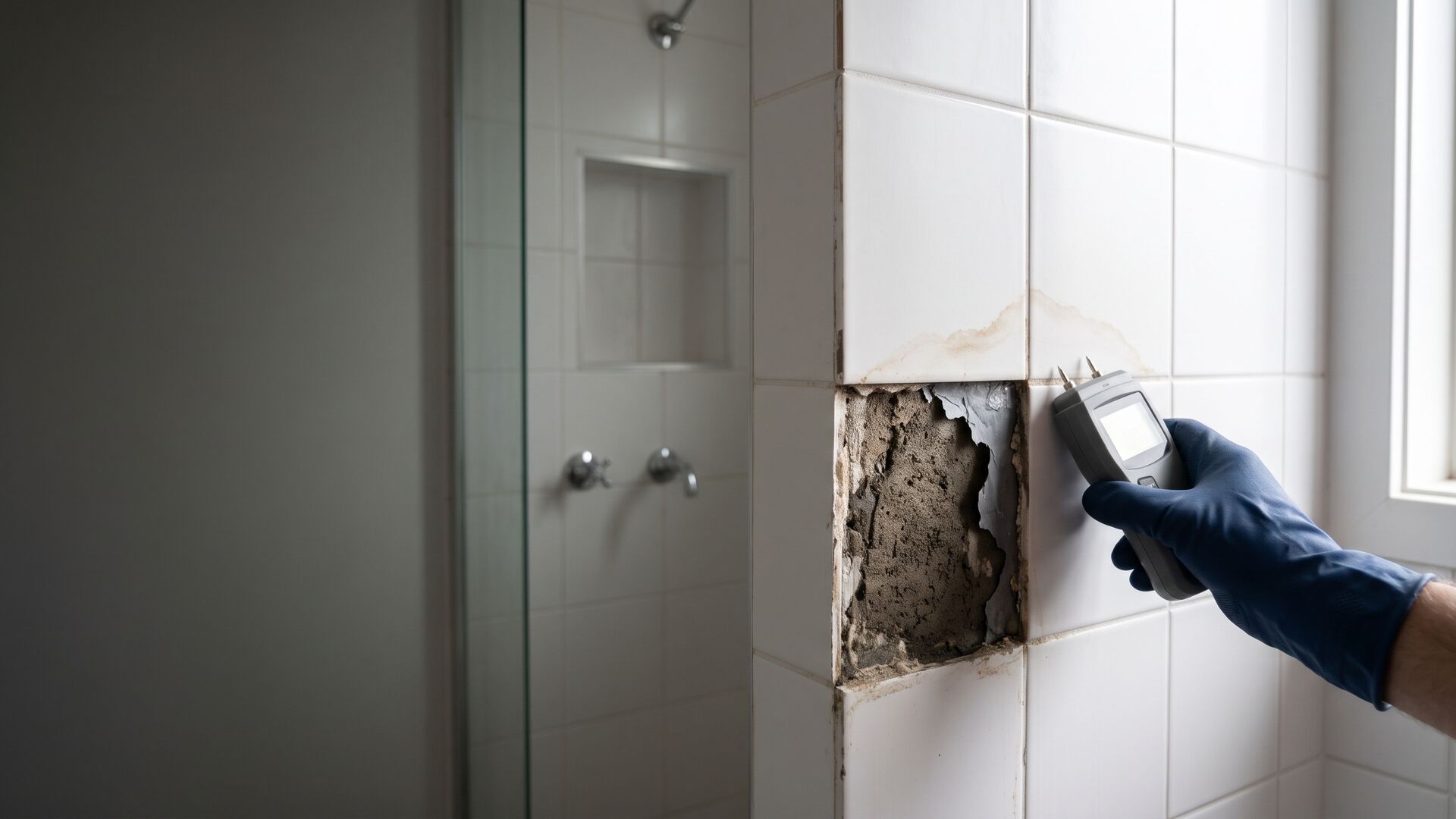 Inspector moisture-testing a shower wall where a removed tile exposes failed waterproofing, a latent defect
