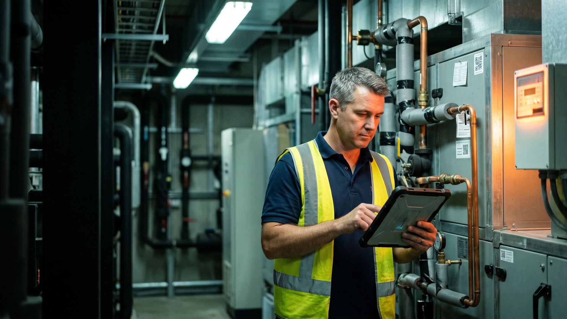 Facilities manager reading a digital O&M manual on a tablet beside an air-handling unit in a plant room