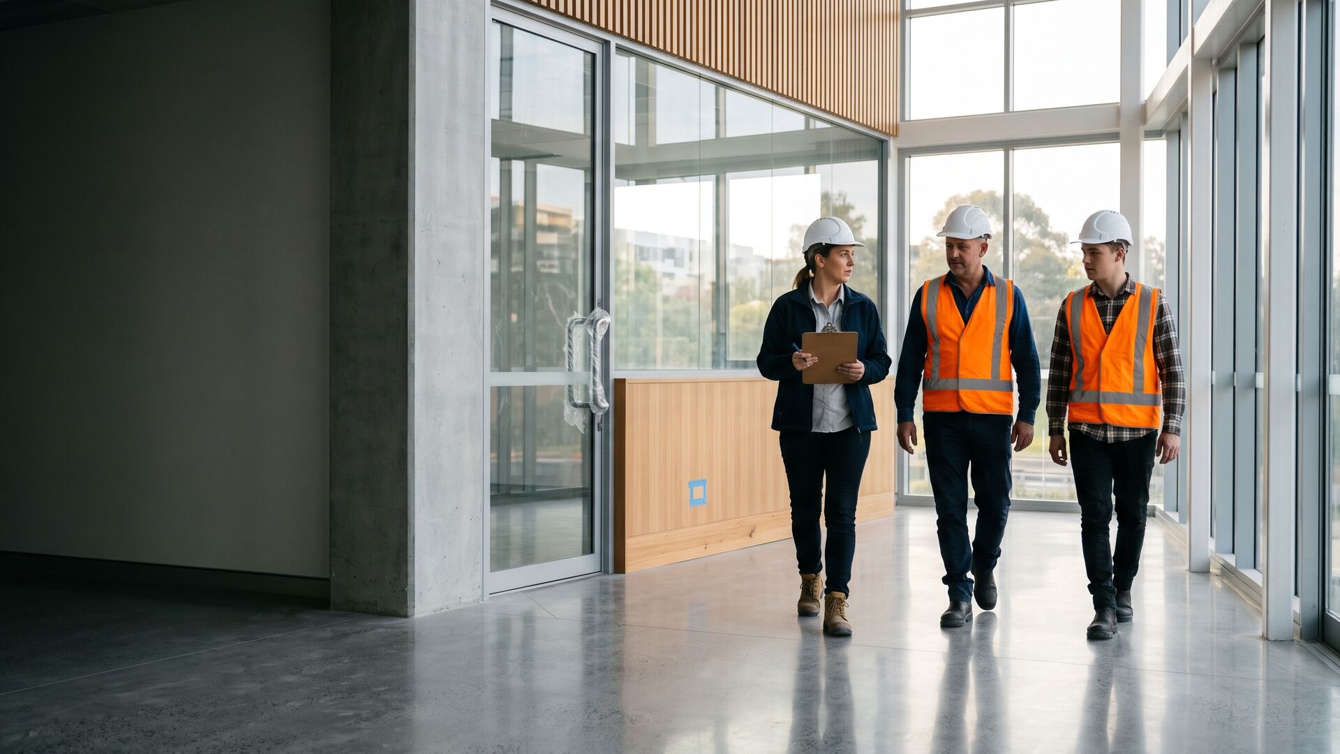 Superintendent and two contractors walking a finished office lobby during a practical completion inspection