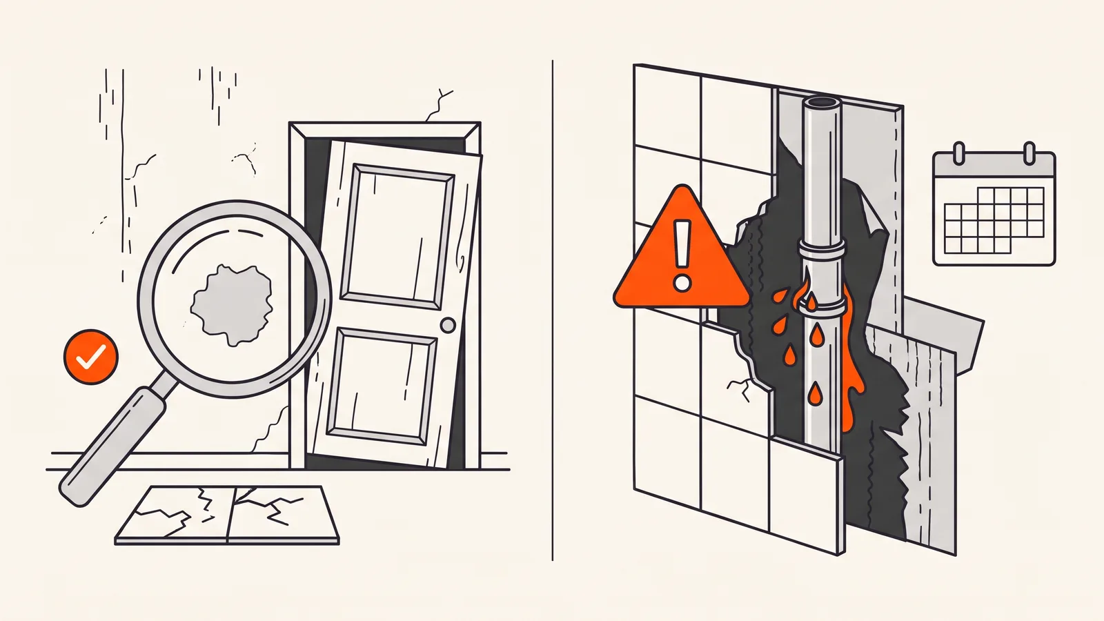 Visible patent defects (crooked door, cracked tile) beside a latent defect: a hidden pipe leak behind wall tiles