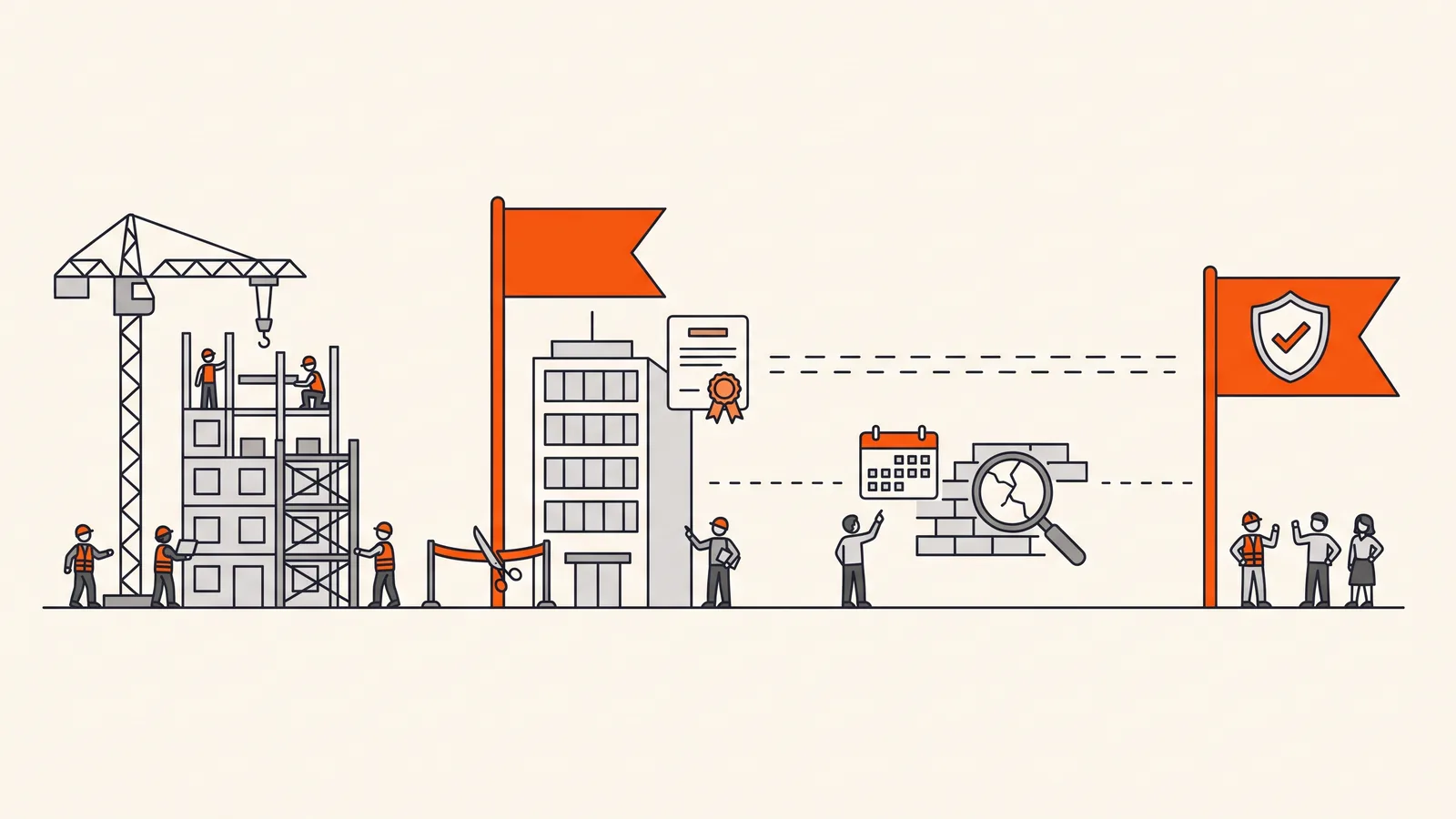 Project timeline from construction to practical completion, through the defects liability period to final completion
